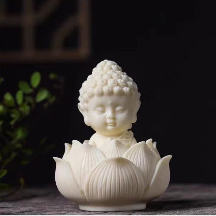 Lotus Baby Buddha White Marble Finish | Peaceful Monk Statue for Meditation Corners, Office Table, Car Dashboard | Tranquil Pack of 1
