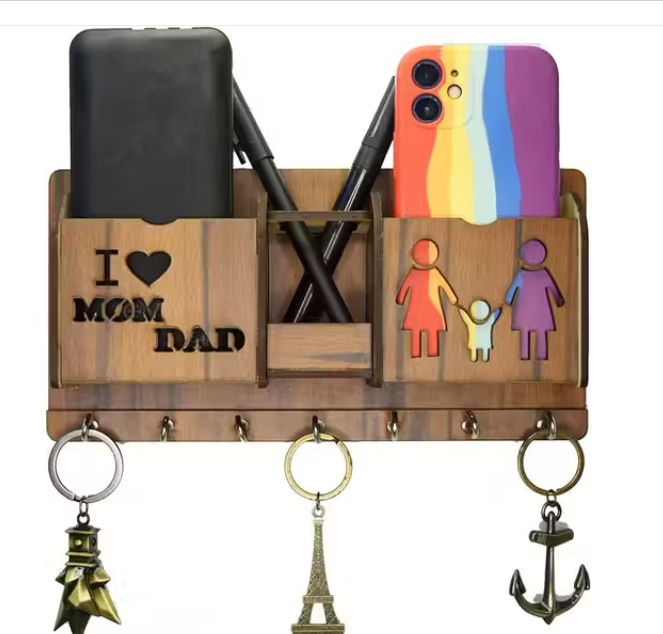 NGG Wooden Key Holder With Phone Stand in Brown Colour (7 Hooks)
