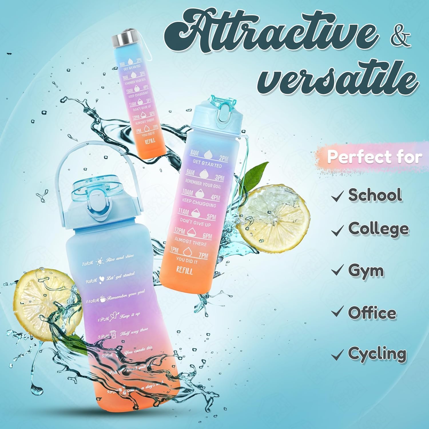 Water Bottle 3Pcs Set - 2L, 750ml, & 300ml | Lightweight, Leak-Proof, BPA-Free | Motivational Time Marker | Mobile Holder | Perfect for Gym, Kids, Office, & Outdoor Activities