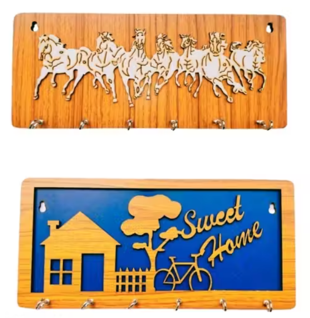 NGG Wooden Key Holder with Decorative Engraving – Running Horses & Sweet Home Designs pack of 2