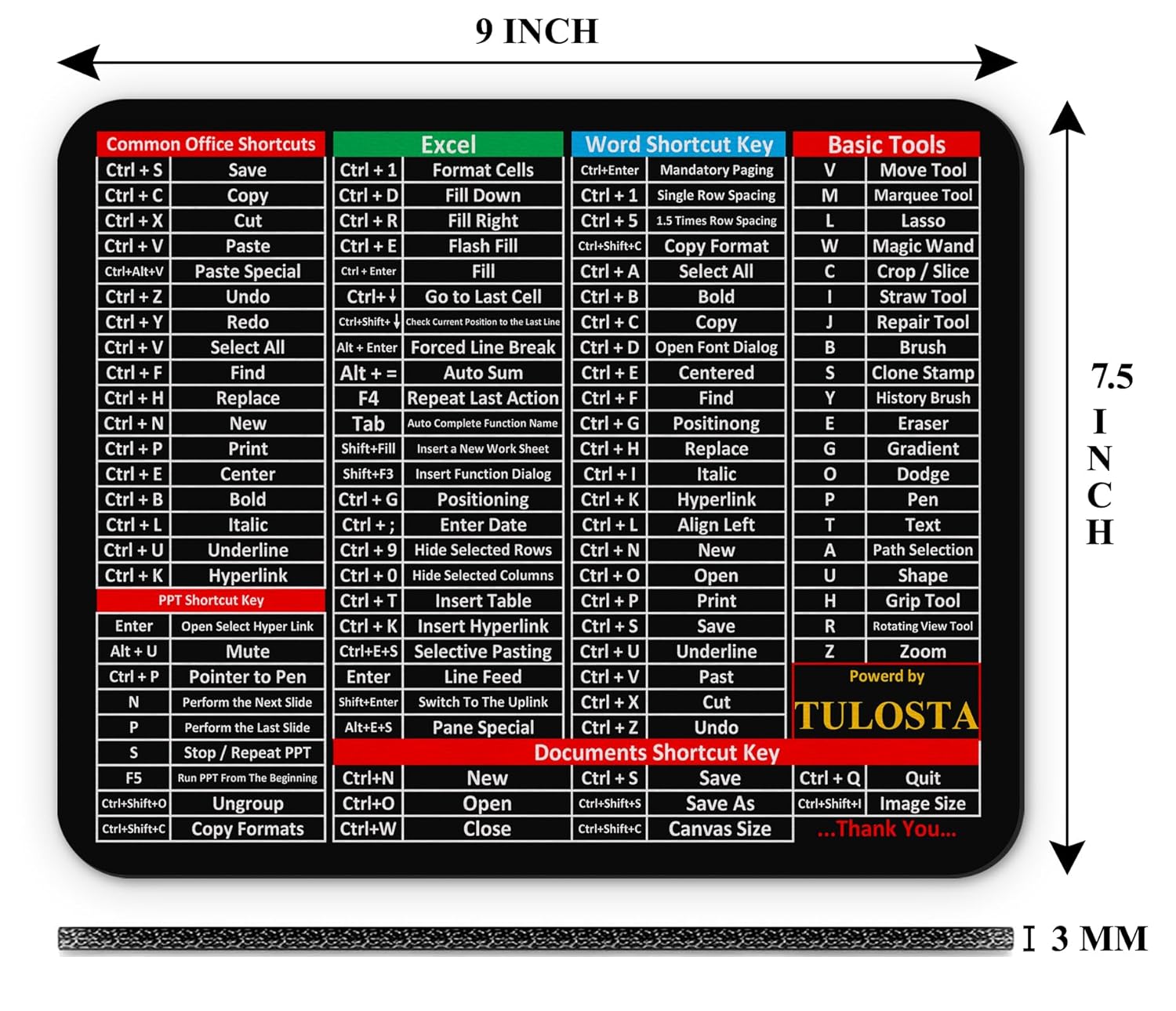 NGG Office Keyboard Shortcut Mouse Pad – Anti-Slip Rubber Base, Excel & Word Shortcuts