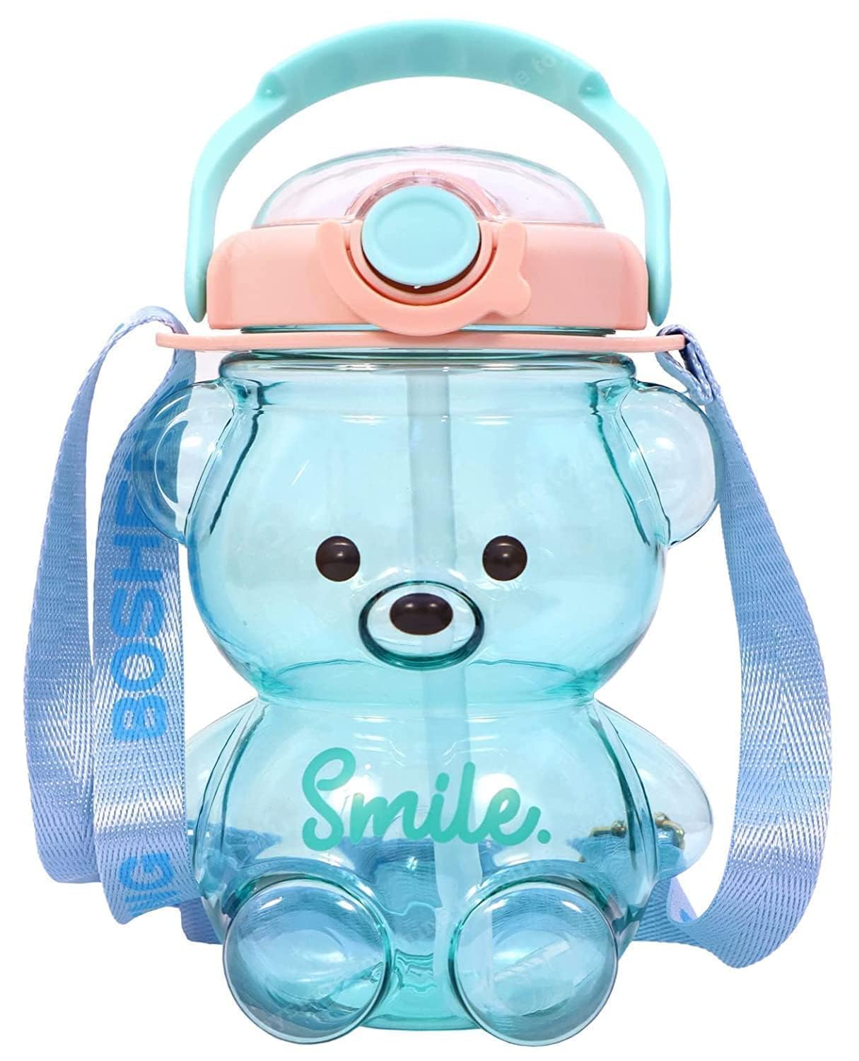 Teddy Bear Sipper Water Bottle for Kids Cute Plastic Water Bottle with Anti-Leak Spill Design | Cartoon Teddy Bear with Straw | Kids Water Bottle with Stickers & Adjustable Belt (1 Pcs)