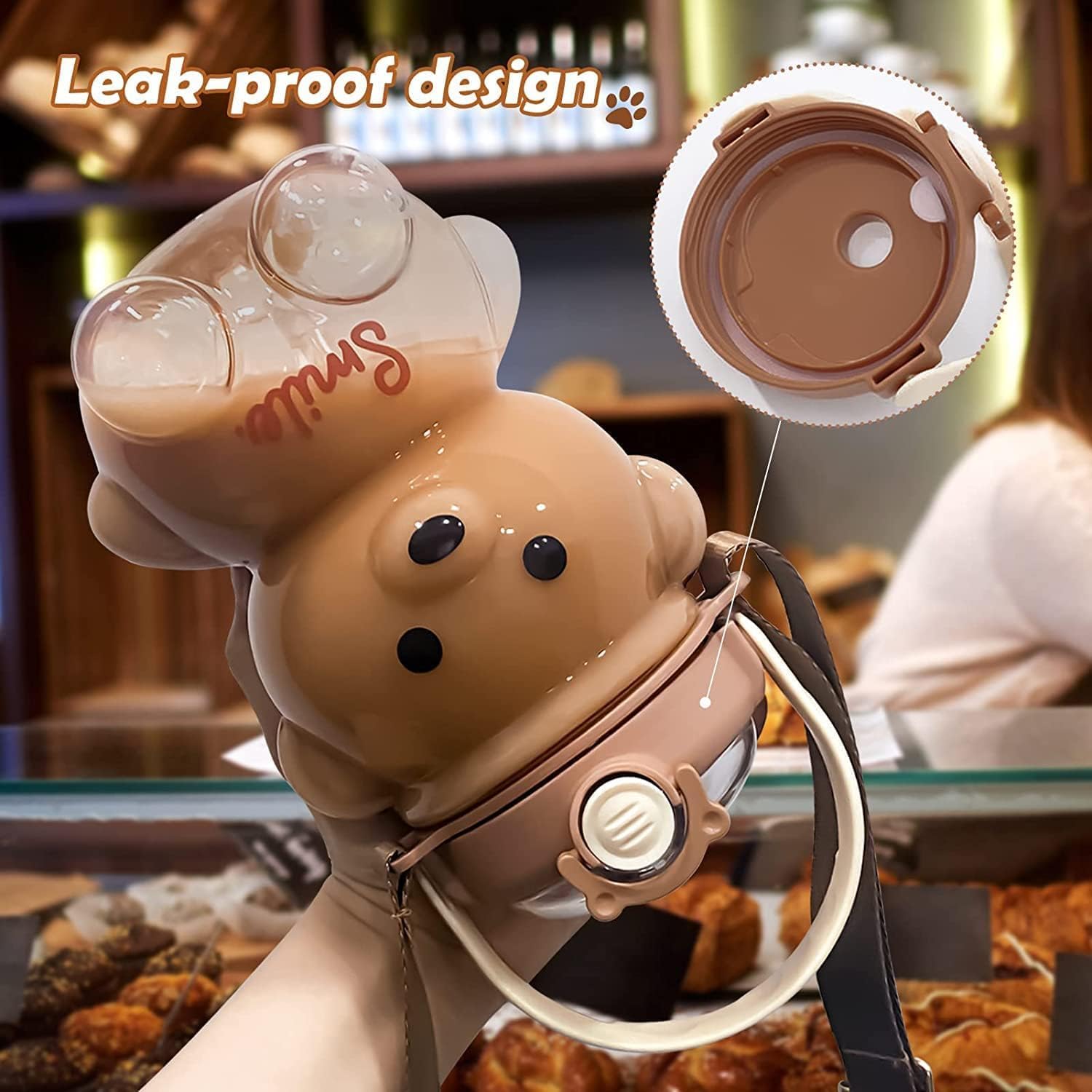 Teddy Bear Sipper Water Bottle for Kids Cute Plastic Water Bottle with Anti-Leak Spill Design | Cartoon Teddy Bear with Straw | Kids Water Bottle with Stickers & Adjustable Belt (1 Pcs)