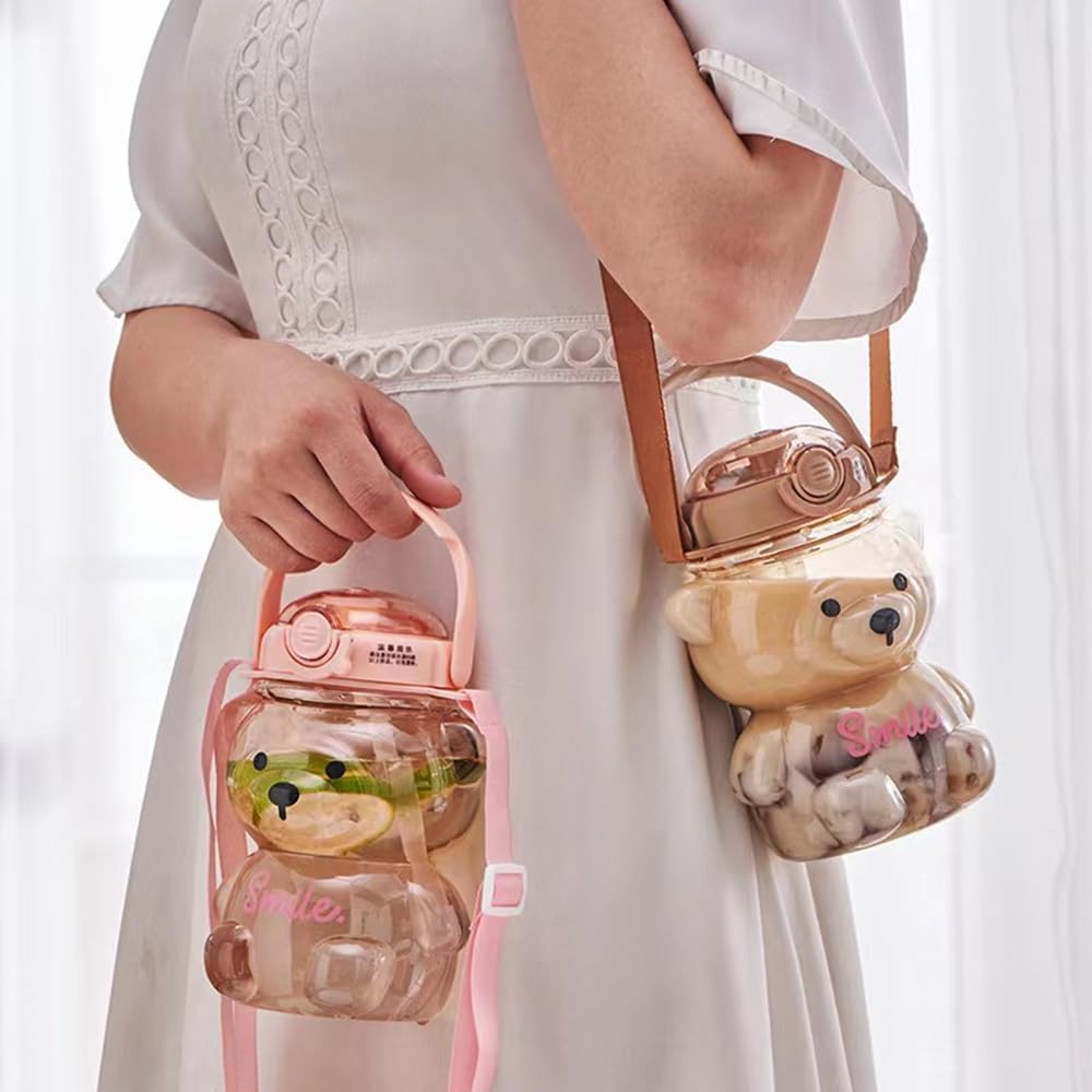 Teddy Bear Sipper Water Bottle for Kids Cute Plastic Water Bottle with Anti-Leak Spill Design | Cartoon Teddy Bear with Straw | Kids Water Bottle with Stickers & Adjustable Belt (1 Pcs)