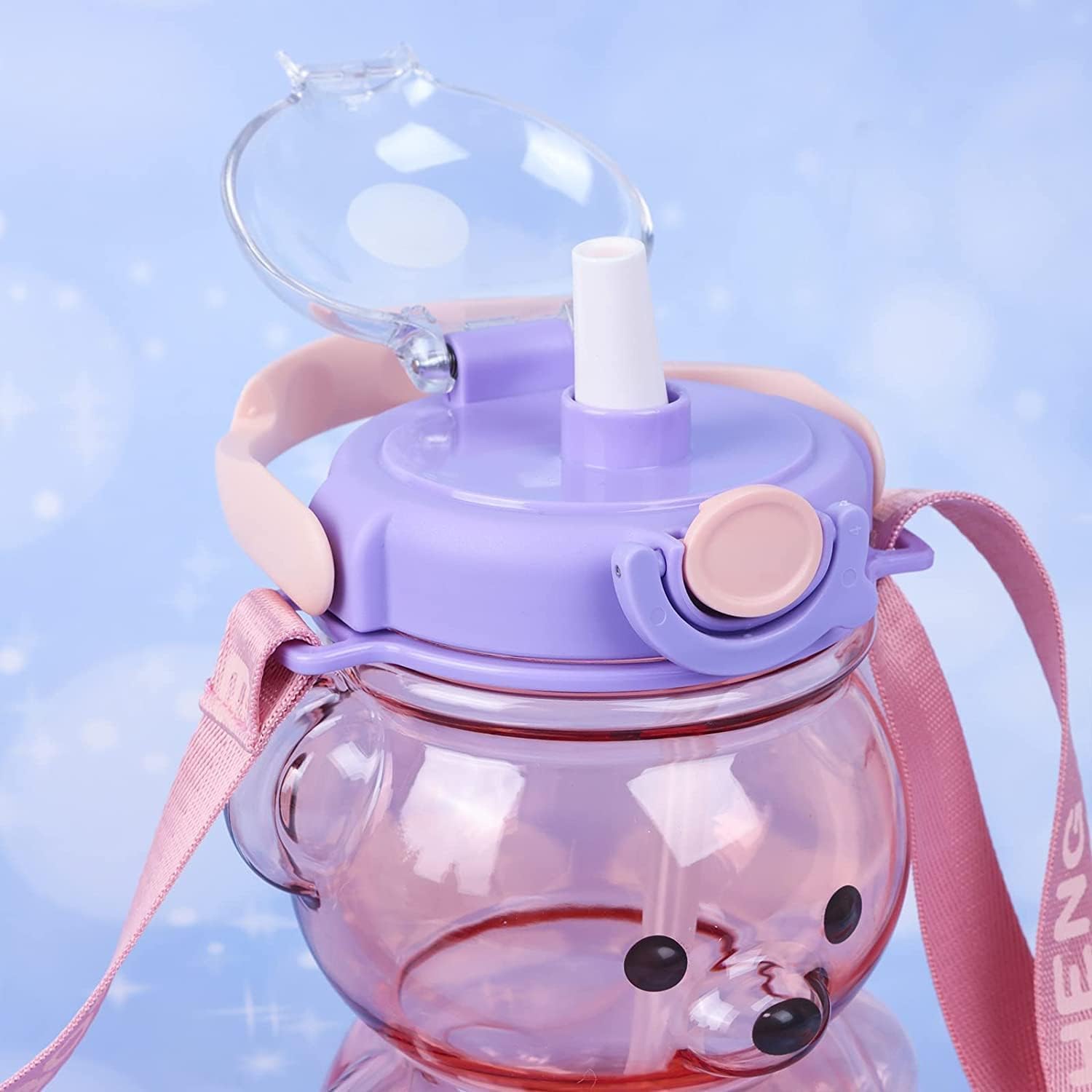 Teddy Bear Sipper Water Bottle for Kids Cute Plastic Water Bottle with Anti-Leak Spill Design | Cartoon Teddy Bear with Straw | Kids Water Bottle with Stickers & Adjustable Belt (1 Pcs)