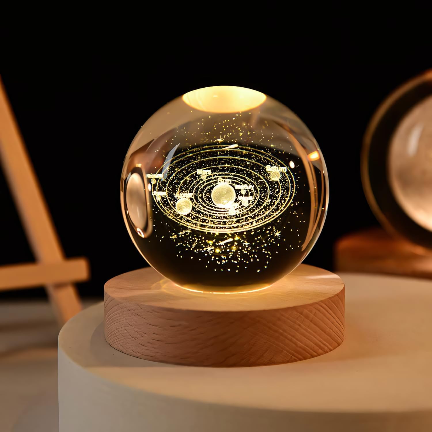 3D Galaxy Crystal Ball Night Lamp Warm White GlowCreative Engraved LED Night Light with USB-Powered Wooden Base (1PCS)