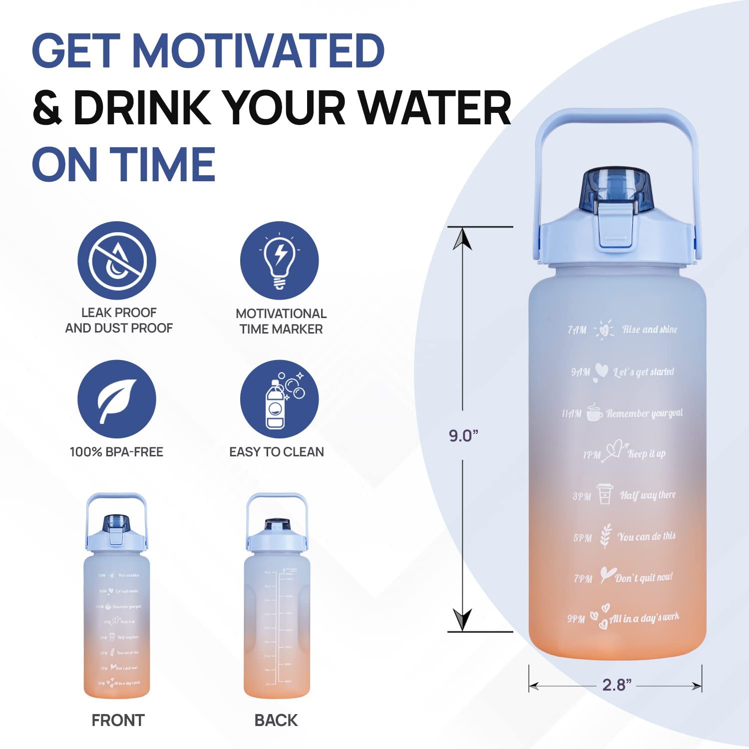 Motivational Water Bottle, Spirit Gym Gallon with Time Marker Large Capacity 2 Liter, Leakproof BPA Free Fitness Sports Water Bottle (1 Pcs)