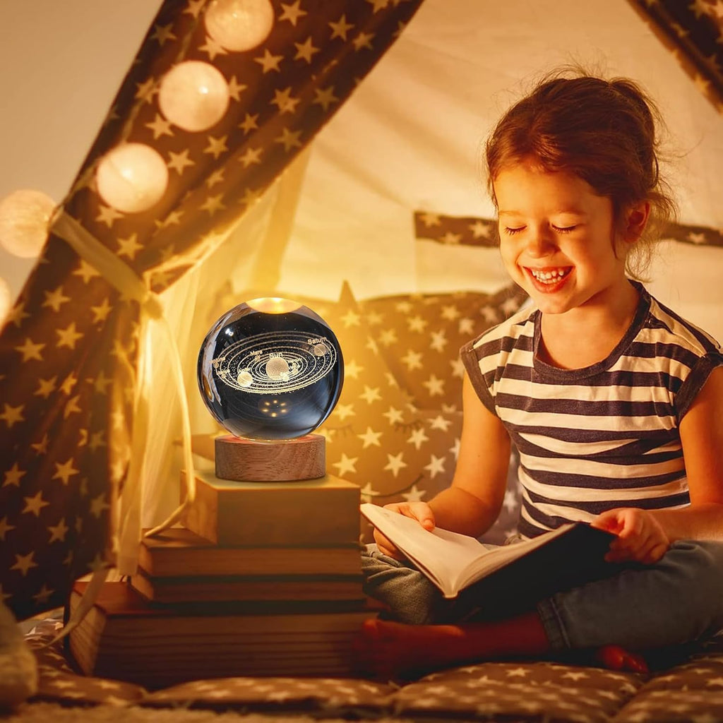 3D Galaxy Crystal Ball Night Lamp Warm White GlowCreative Engraved LED Night Light with USB-Powered Wooden Base (1PCS)