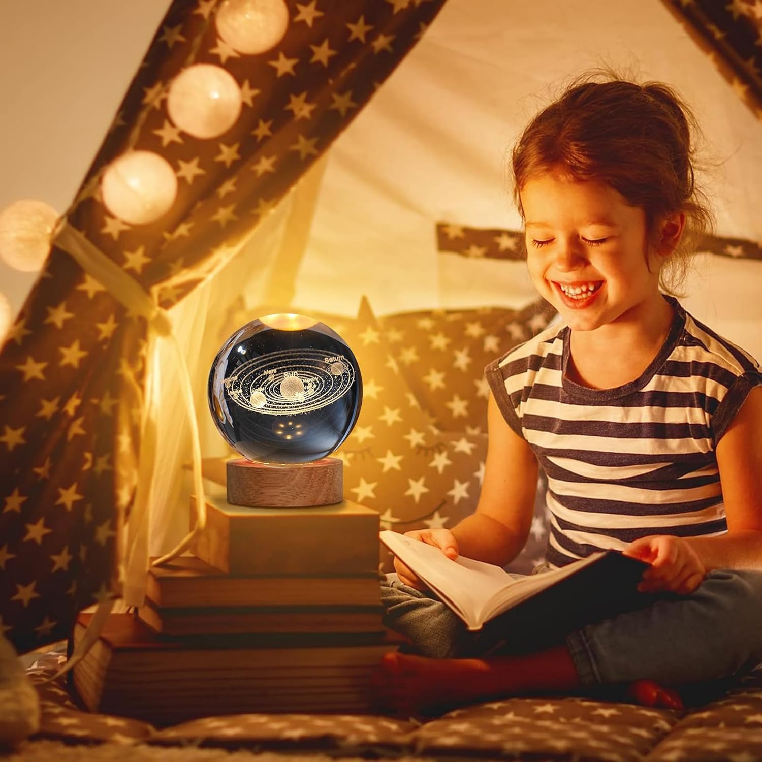 3D Galaxy Crystal Ball Night Lamp Warm White GlowCreative Engraved LED Night Light with USB-Powered Wooden Base (1PCS)