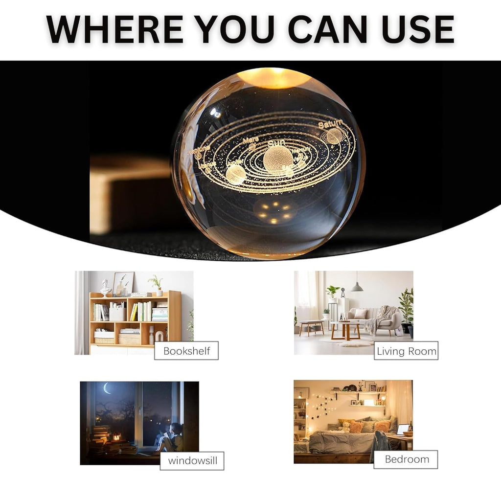 3D Galaxy Crystal Ball Night Lamp Warm White GlowCreative Engraved LED Night Light with USB-Powered Wooden Base (1PCS)