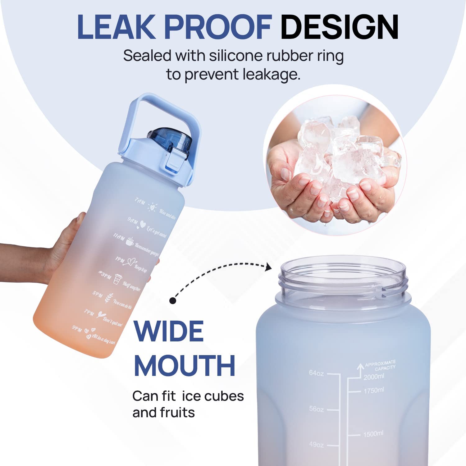 Motivational Water Bottle, Spirit Gym Gallon with Time Marker Large Capacity 2 Liter, Leakproof BPA Free Fitness Sports Water Bottle (1 Pcs)