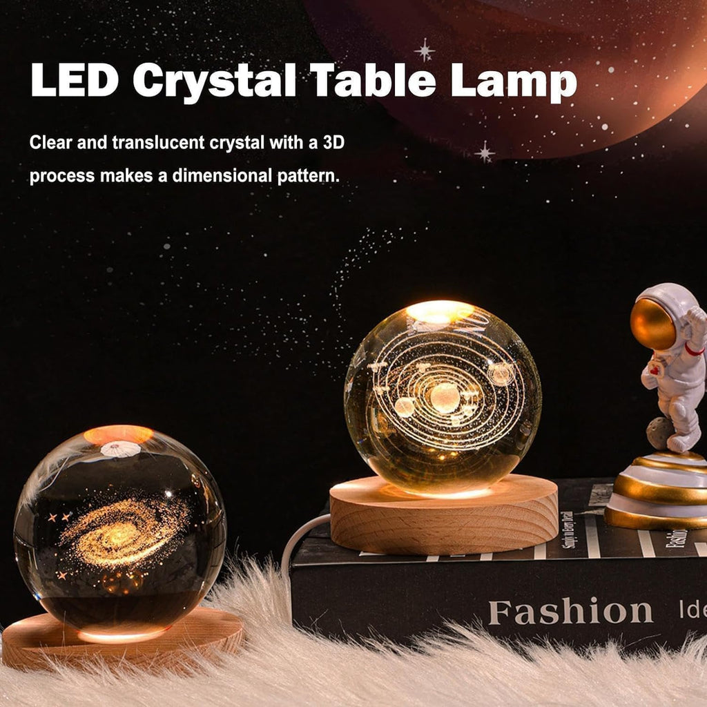 3D Galaxy Crystal Ball Night Lamp Warm White GlowCreative Engraved LED Night Light with USB-Powered Wooden Base (1PCS)