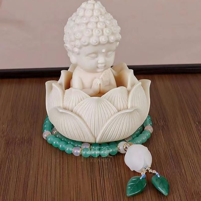 Lotus Baby Buddha White Marble Finish | Peaceful Monk Statue for Meditation Corners, Office Table, Car Dashboard | Tranquil Pack of 1