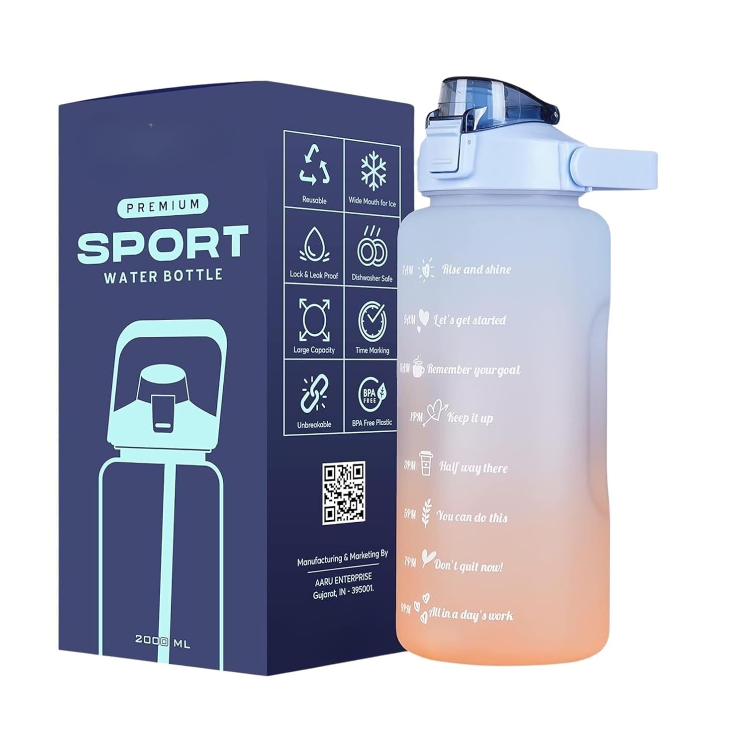 Motivational Water Bottle, Spirit Gym Gallon with Time Marker Large Capacity 2 Liter, Leakproof BPA Free Fitness Sports Water Bottle (1 Pcs)