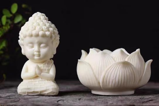 Lotus Baby Buddha White Marble Finish | Peaceful Monk Statue for Meditation Corners, Office Table, Car Dashboard | Tranquil Pack of 1