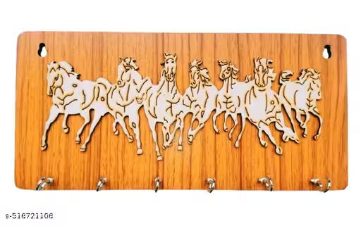 NGG Wooden Key Holder with Decorative Engraving – Running Horses & Sweet Home Designs pack of 2