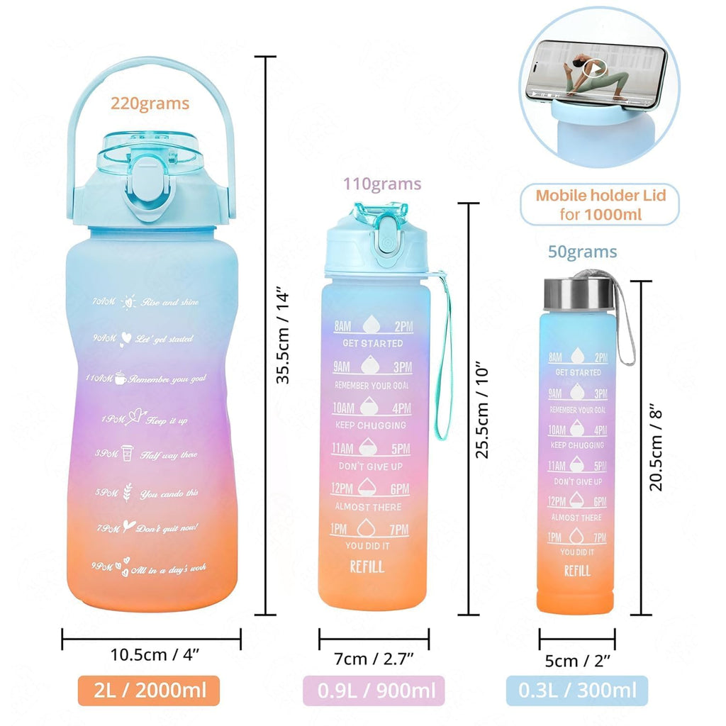 Water Bottle 3Pcs Set - 2L, 750ml, & 300ml | Lightweight, Leak-Proof, BPA-Free | Motivational Time Marker | Mobile Holder | Perfect for Gym, Kids, Office, & Outdoor Activities