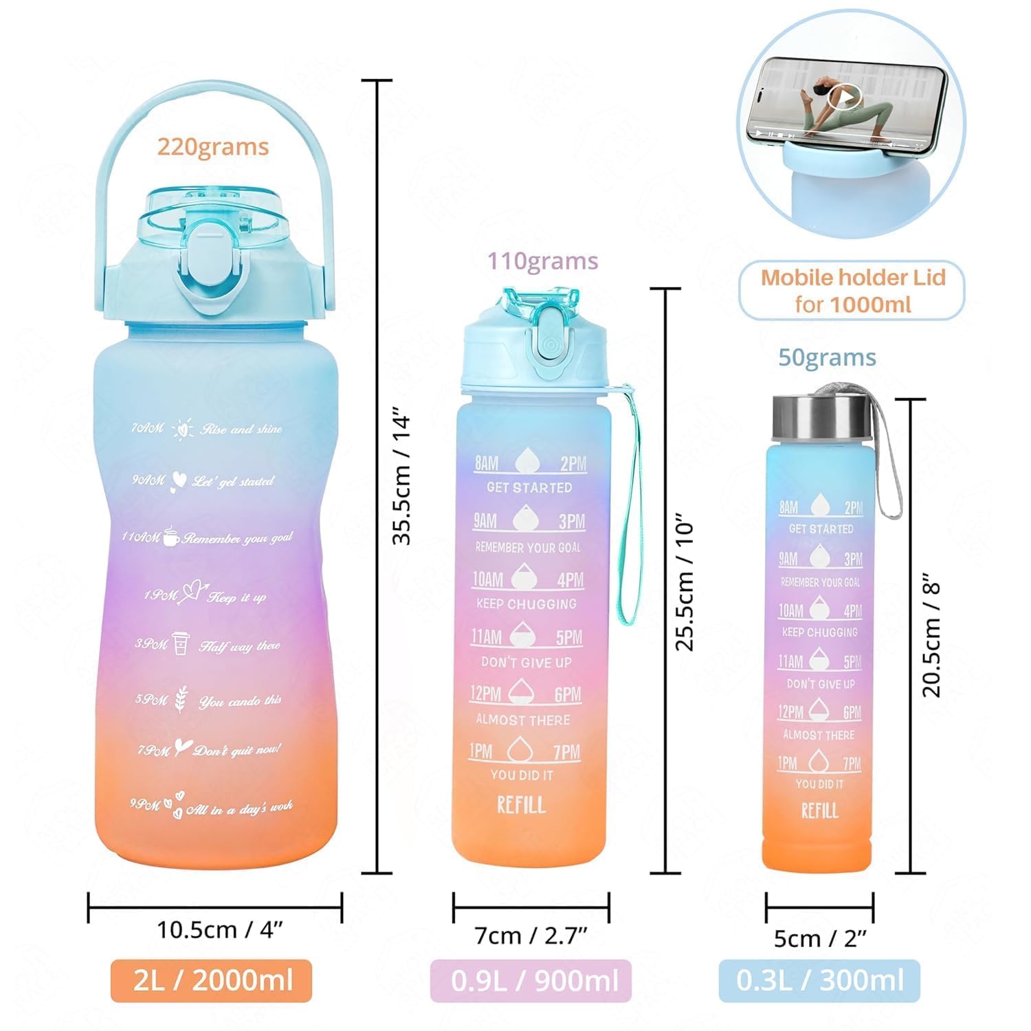 Water Bottle 3Pcs Set - 2L, 750ml, & 300ml | Lightweight, Leak-Proof, BPA-Free | Motivational Time Marker | Mobile Holder | Perfect for Gym, Kids, Office, & Outdoor Activities